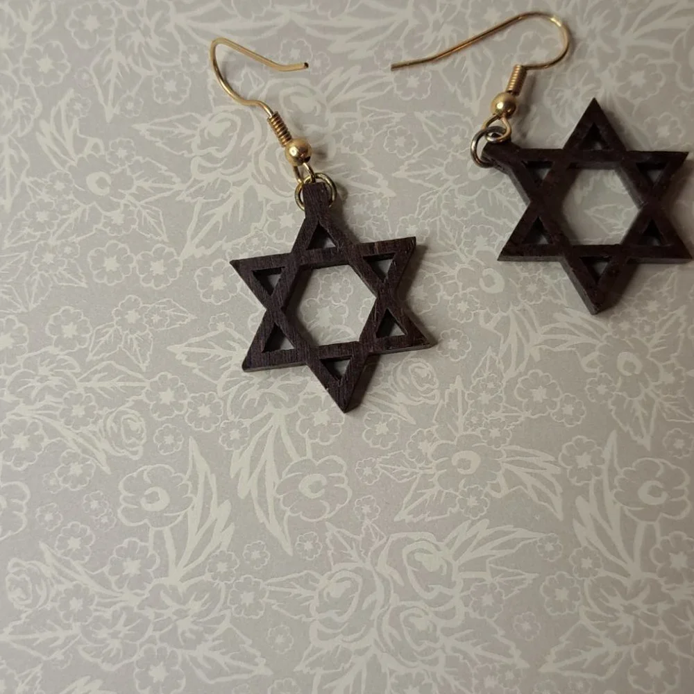 VINTAGE Wood Star of David Earrings - Picture 6 of 7